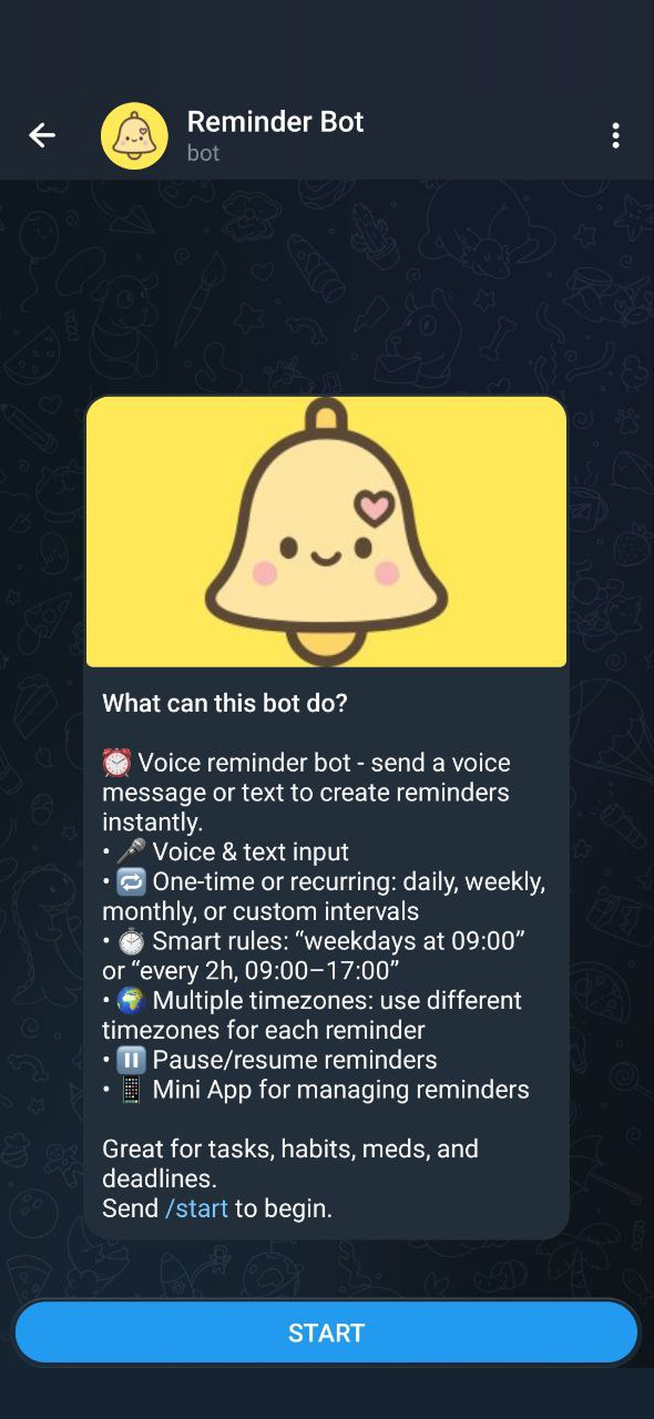 KindlyRemindly Telegram reminder bot intro screen