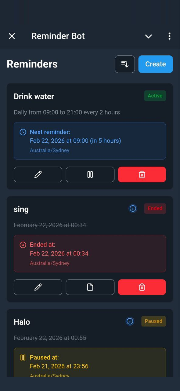 KindlyRemindly reminder list with status badges