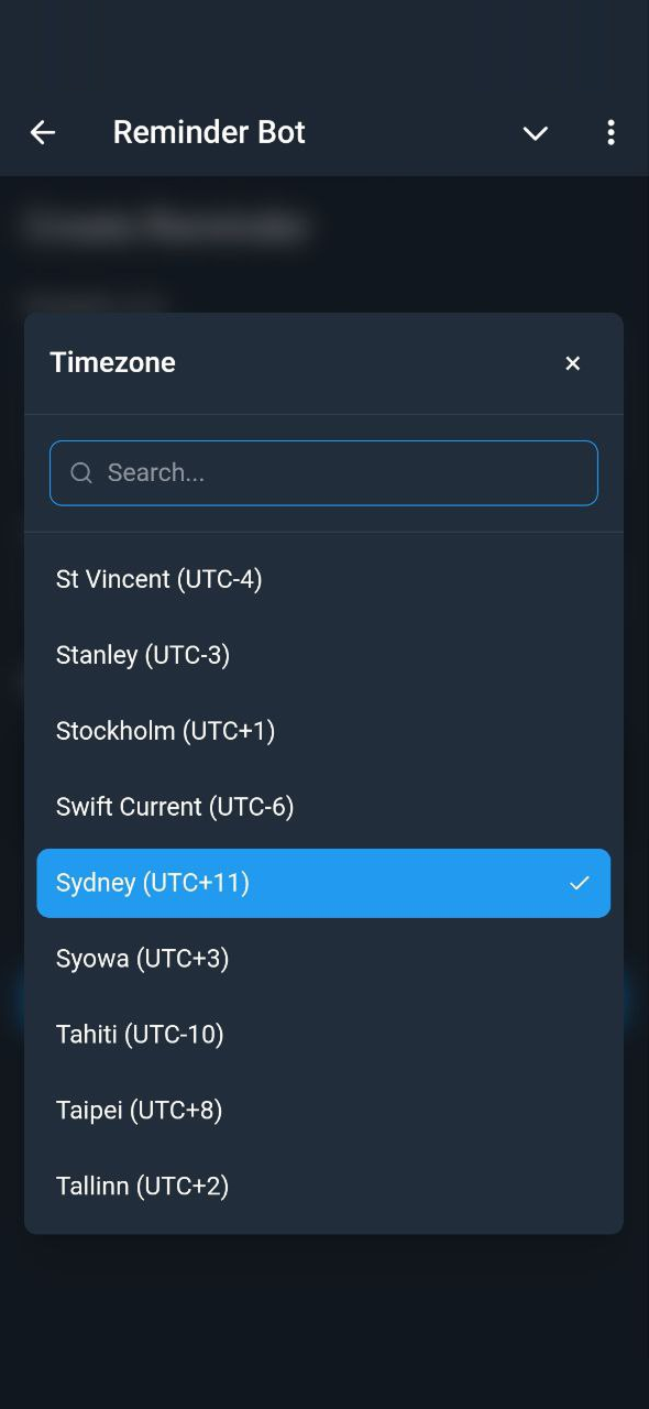 KindlyRemindly timezone selection picker