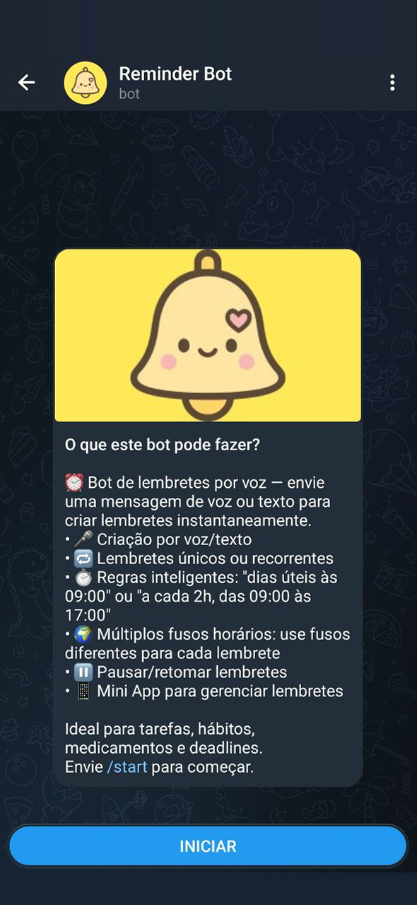 KindlyRemindly Telegram reminder bot intro screen